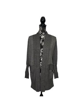M Magaschoni Long Open Front Cardigan Shawl Collar Gray Pockets Layering Small